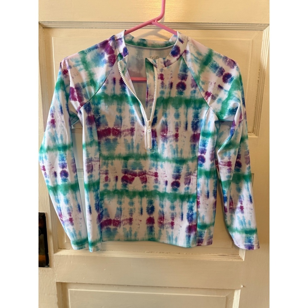 DSG Kids Long Sleeve Rash Guard‎ Swim Top Tie Dye Zip Neck Size Medium